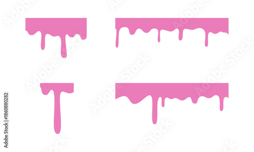  A set of melting and dripping pink strawberry. melted pink paint. Bakery background. Banner seamless pattern.	