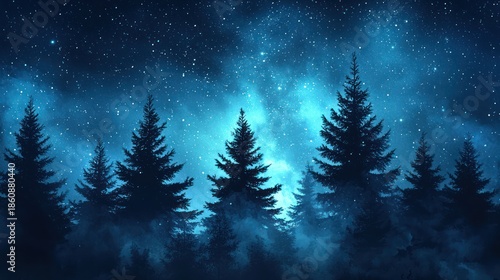 Starry night forest, mystical landscape, twilight, peaceful scene, potential use as wallpaper or background for a nature-themed game