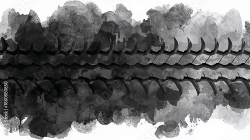 A dark, textured tire track rendered in a watercolor or ink wash style, creating a grunge and artistic effect on a white background.