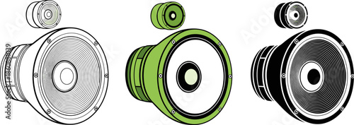 Professional studio monitor speaker set in line art, flat color and silhouette.