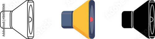Megaphone speaker icon set with outline, colorful flat design, and solid black silhouette.