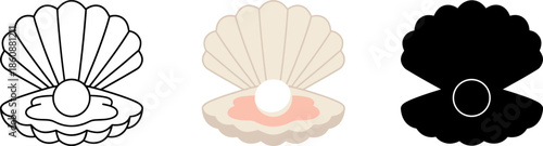 Open oyster sea shell with pearl set in line art, soft pink color, and black silhouette.