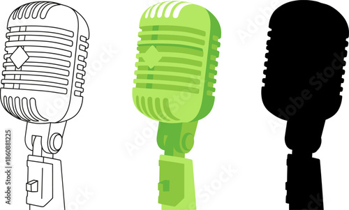Professional studio microphone on stand set with line art, green color, and solid black silhouette.