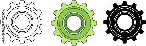 Industrial mechanical gear cogwheel set with line art, green flat design, and black silhouette.