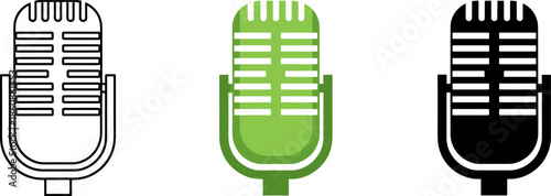 Retro vintage microphone set with line art, green flat illustration, and black silhouette isolated on white.
