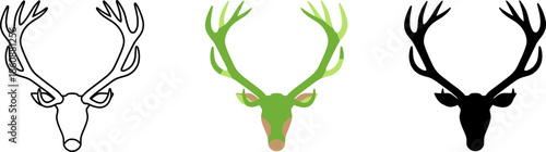 Deer head with large antlers set featuring line art, green illustration, and black silhouette.