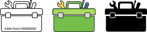 Professional tool box set with wrench and screwdriver icons in outline, flat color, and black silhouette.