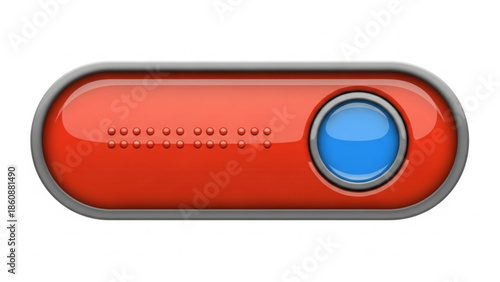 Red control button with blue center on a gray border, viewed from directly above, showcasing a sleek modern design element