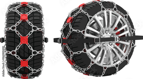 Isometric Snow Tire Chains Vector Illustration Showing Winter Traction Equipment for Car Wheels, Ice Roads, and Driving Safety