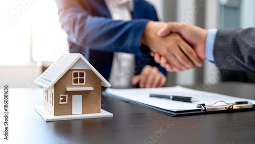 Handshake on Real Estate Deal with Miniature House Model