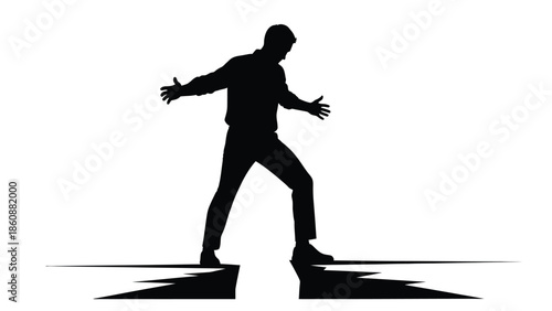 Silhouette of a determined businessman carefully bridging a physical gap or chasm with outstretched arms symbolizing risk assessment and making a giant leap of faith toward success