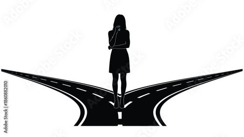 Silhouette of a thoughtful woman standing at a diverging road showing two distinct paths forward representing a critical life decision or crucial business choice