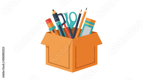 Box Filled with Stationery and Office Supplies.