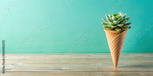 Pastel colors background with a succulent plant in an ice cream cone on a wooden table