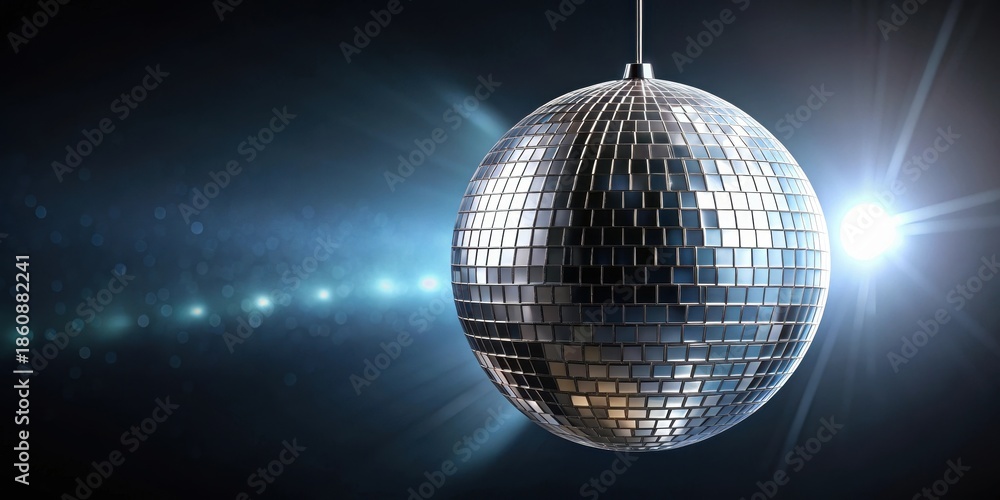 Obraz premium Sparkling silver disco mirror ball suspended in mid-air against a dark background