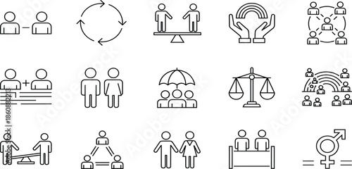 Equality diversity inclusion teamwork justice balance collaboration community human rights social equity people connection icons line design