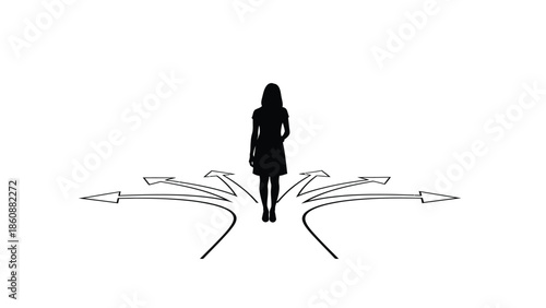 Silhouette of a woman standing at a junction with multiple branching arrows indicating various paths and directions for making important life choices or decisions