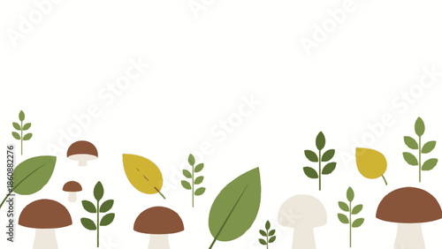 Autumnal forest floor border design with stylized mushrooms and fall leaves on white background
