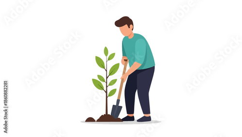 Man planting a young tree in the soil, symbolizing environmental care and nature conservation