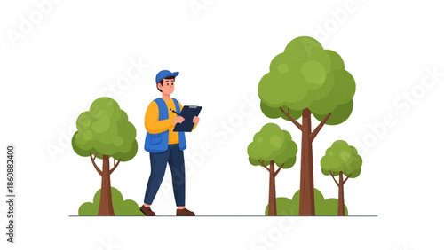 Forester or Arborist Examining Trees in a Forest or Park Environment