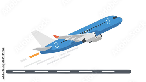 Dynamic blue passenger airplane taking off from runway, symbolizing air travel and departure