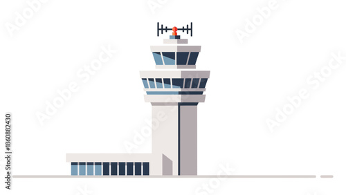 Airport control tower with radar and antennas, symbol of aviation and air traffic management