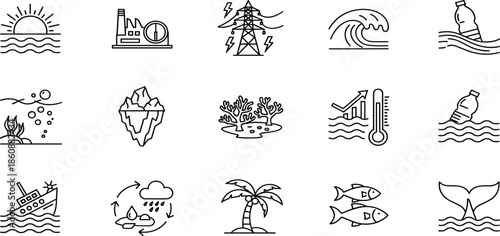 Ocean environmental line icon set showing climate change pollution renewable energy marine life waves sustainability conservation symbols