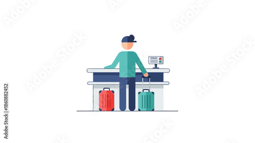 Traveler Checking In at Hotel Front Desk with Luggage, Professional Hospitality Service Illustration