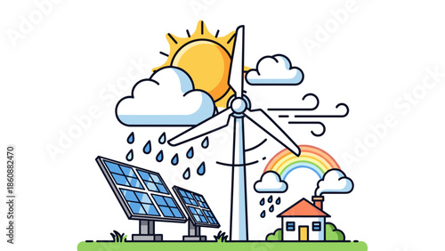 Wind Turbine and Solar Panels Illustration.