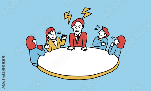 不機嫌な上司・同僚がいてオープンな意見交換ができないビジネスチームのイラスト