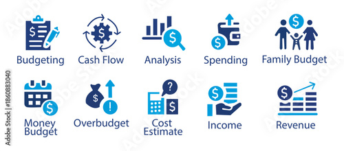 Finance icon set. Containing loan, cash, saving, financial goal, profit, budget, mutual fund, earning money and revenue icons. Solid icons collection.