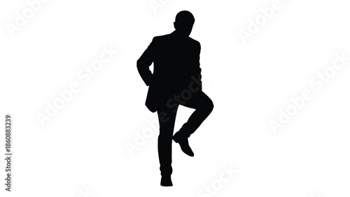 Silhouette of a formally dressed businessman standing on one leg striking a unique, slightly playful or contemplative pose against a stark white background suggesting balance or waiting