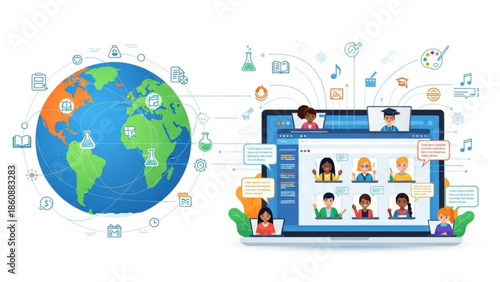 Online learning platform with diverse students and teacher video conferencing on laptop with e learning icons around the globe