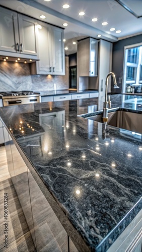 Dark grey granite countertop with intricate veins and subtle bluish undertones