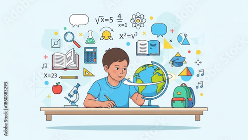 Young boy sitting at desk with globe, surrounded by education icons and school supplies, learning concept