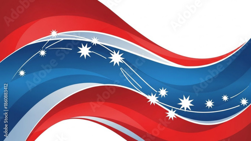 Red, white, and blue wavy abstract design with white stars and sparkles, festive and celebratory background element with dynamic curves