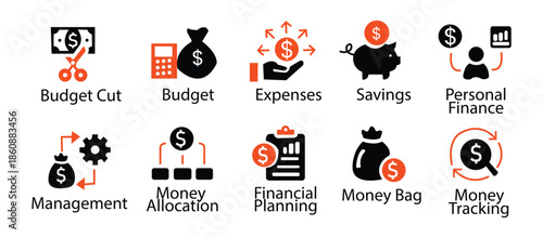 Budget icon set. Containing expense, money management, cash flow, savings, spending, income, allocation, cost estimate and more. Solid vector icons collection. 