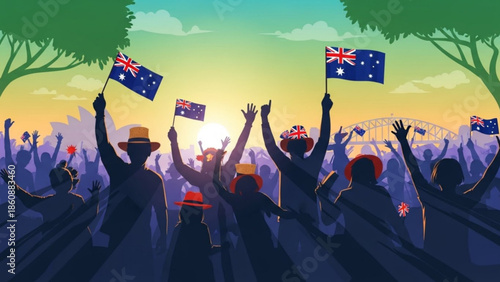 People celebrating australian culture with flags and raised hands at a vibrant outdoor event during sunset