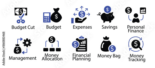 Budget icon set. Containing expense, money management, cash flow, savings, spending, income, allocation, cost estimate and more. Solid vector icons collection. 