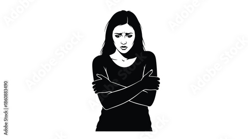 Black and white illustration of a woman hugging herself with a distressed facial expression indicating coldness fear or emotional distress isolated on white background