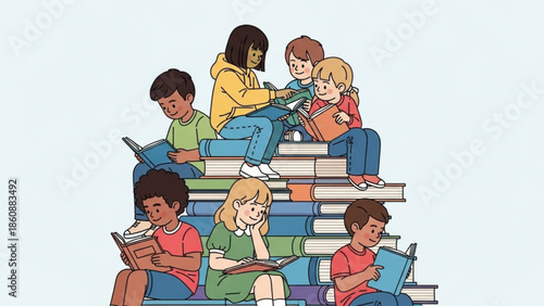 Diverse group of children sitting on stack of books reading and learning together happily