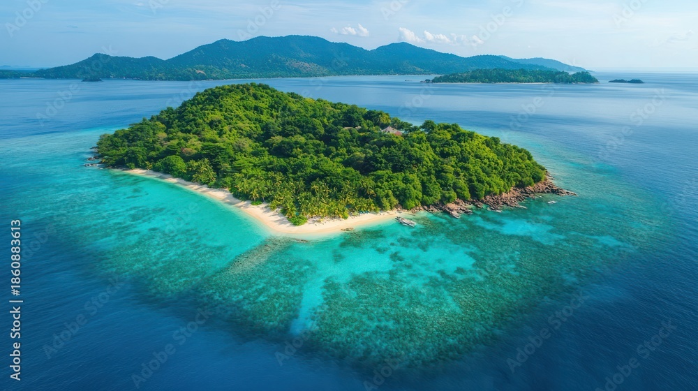 Fototapeta premium An aerial view of a lush, tropical island with a white sand beach surrounded by clear blue water and coral reefs.