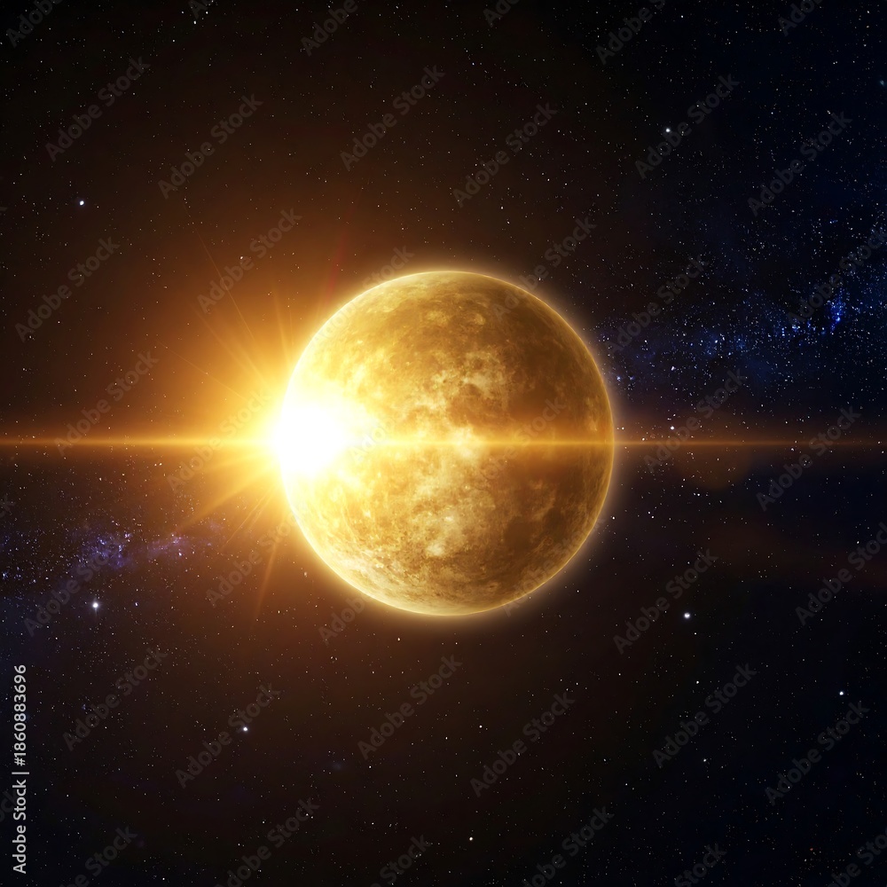 Fototapeta premium A luminous celestial body emitting radiant light in a vast cosmic expanse. Stars twinkle in the background creating a stunning deep-space scene