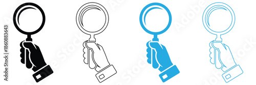 Hands holding magnifying glasses in various colors and styles,Magnifying Glass in Hand Icon In Trendy  Design,Hand holding magnifying glass icon suitable for info graphics, 