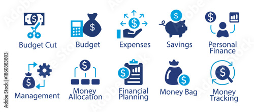 Budget icon set. Containing expense, money management, cash flow, savings, spending, income, allocation, cost estimate and more. Solid vector icons collection. 