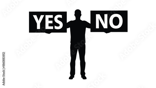 Silhouette of a person holding up two contrasting signs displaying the definitive words yes and no against a clean white background illustrating choice