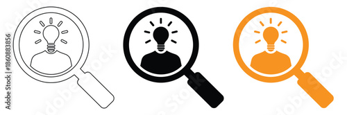 Innovative ideas under magnifying glass for business solutions,Vector icon of searching new idea out of the box with magnifying glass | black modern flat design conceptual pictograms 
