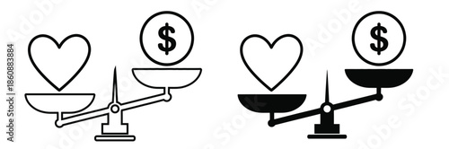 Balancing love and money on scales of life,Money and Love balance on scale. Weights with heart and money coin. Vector isolated sign.Heart And Money On Scales. vector
