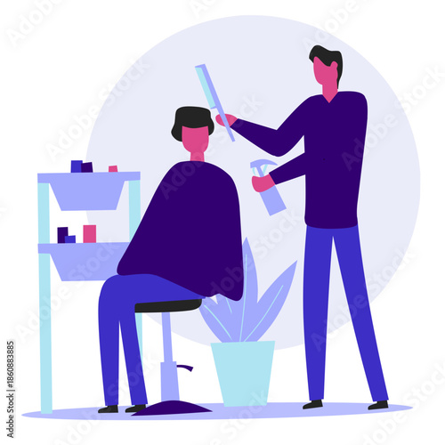Flat vector illustration of a barber cutting a customer’s hair in a modern barbershop. Concept of grooming, haircut service, hairstyling, and personal care business.