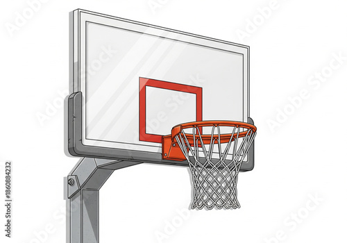 Close-up of a basketball hoop with a white backboard and orange rim, on a white background, illustration